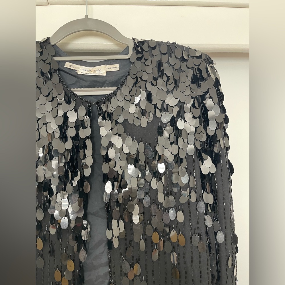 Vintage 70s Oleg Cassini Black Silk Beaded & Paillette Formal Jacket - Picture 5 of 7